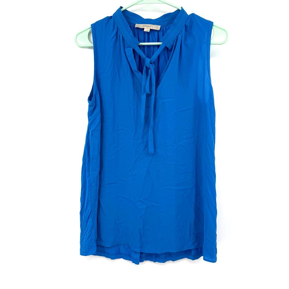 Loft Size Small Blue Tank Top Sleeveless Blouse Shirt Tie Neck Multimedia Fabric